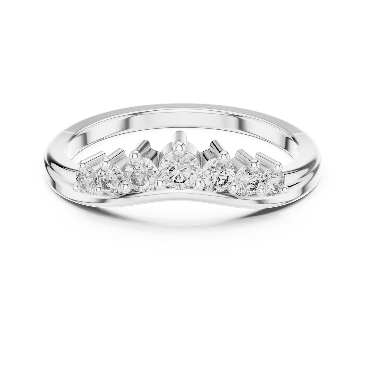 White gold round diamond curved wedding band, top view with five prong-set stones