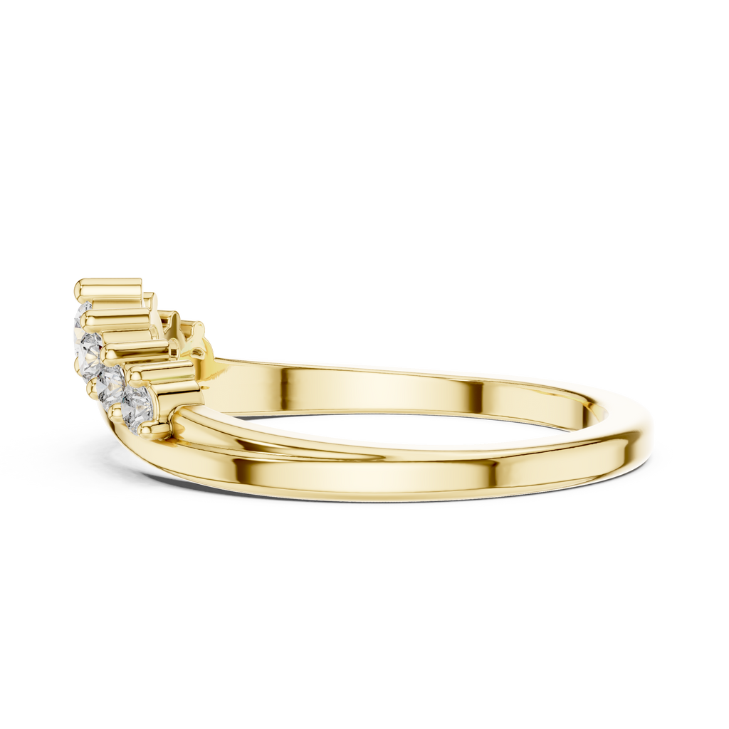 Yellow gold curved diamond wedding band with round stones and stepped prong settings