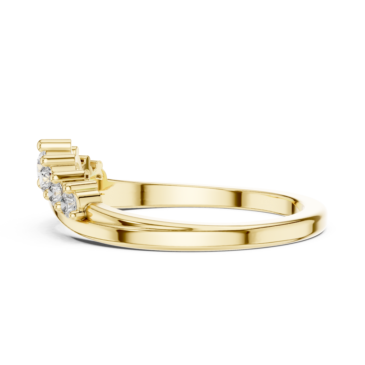 Yellow gold curved diamond wedding band with round stones and stepped prong settings