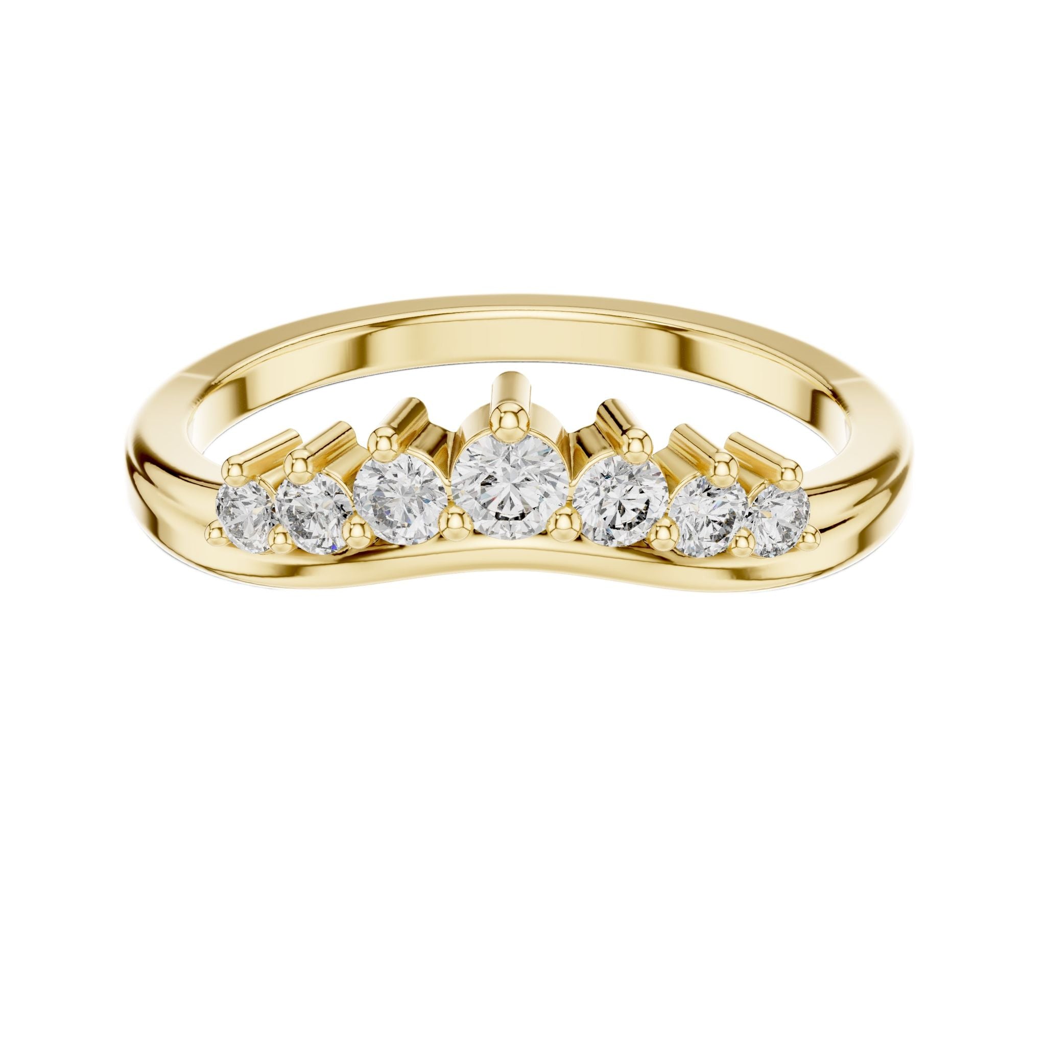 Yellow gold round diamond curved wedding band, top view with five sparkling stones