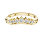 Yellow gold round diamond curved wedding band, top view with five sparkling stones