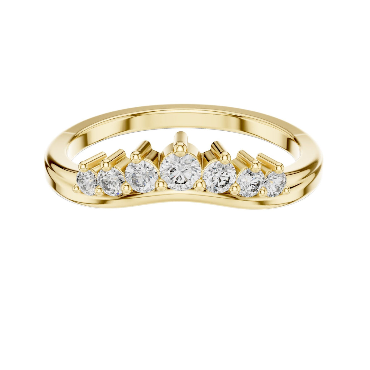 Yellow gold round diamond curved wedding band, top view with five sparkling stones