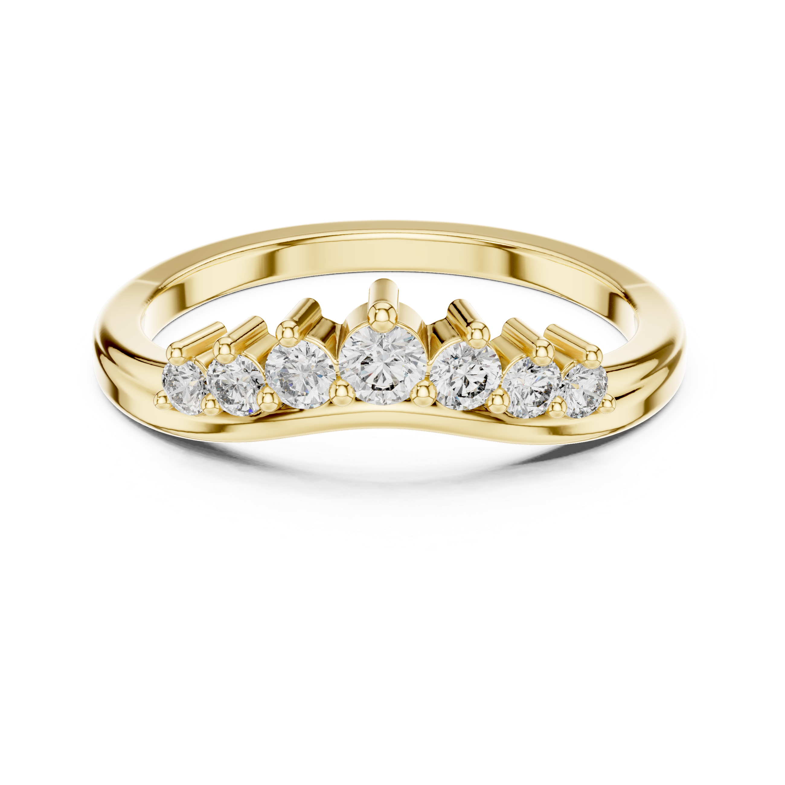 Yellow gold round diamond curved wedding band, top view with five sparkling stones