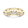 Yellow gold round diamond curved wedding band, top view with five sparkling stones