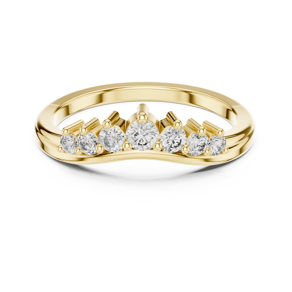 Yellow gold round diamond curved wedding band, top view with five sparkling stones