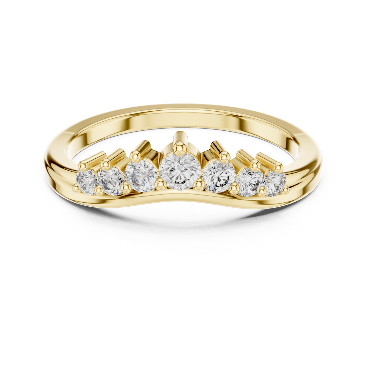 Yellow gold round diamond curved wedding band, top view with five sparkling stones