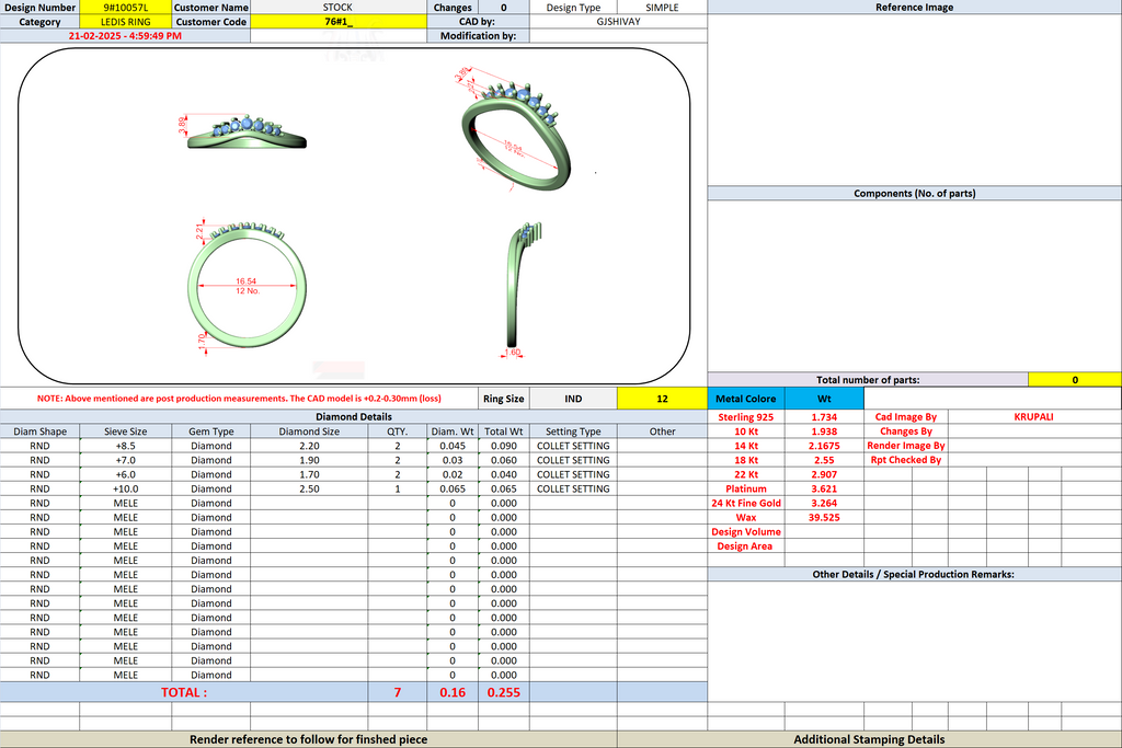 Curved diamond band CAD sheet with size dimensions and stone placement