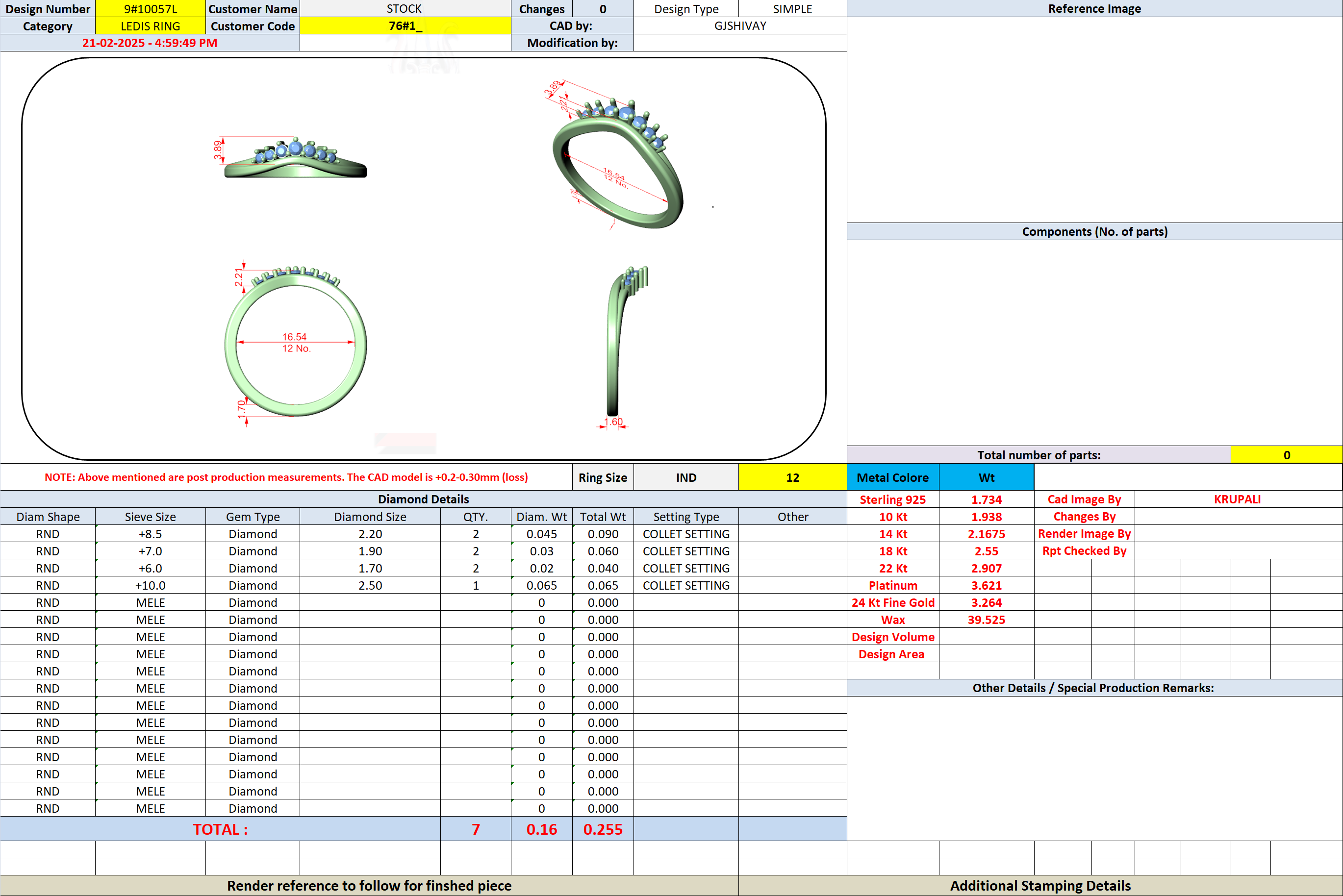 Curved diamond band CAD sheet with size dimensions and stone placement