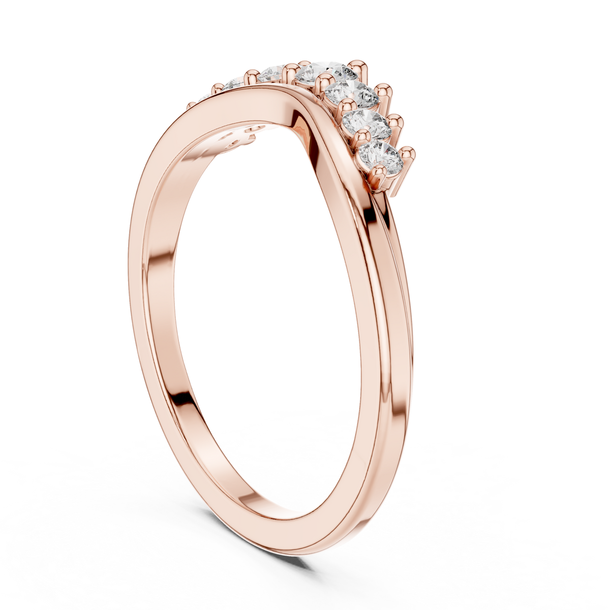 Rose gold curved round-diamond wedding band, side view with stacked prong settings