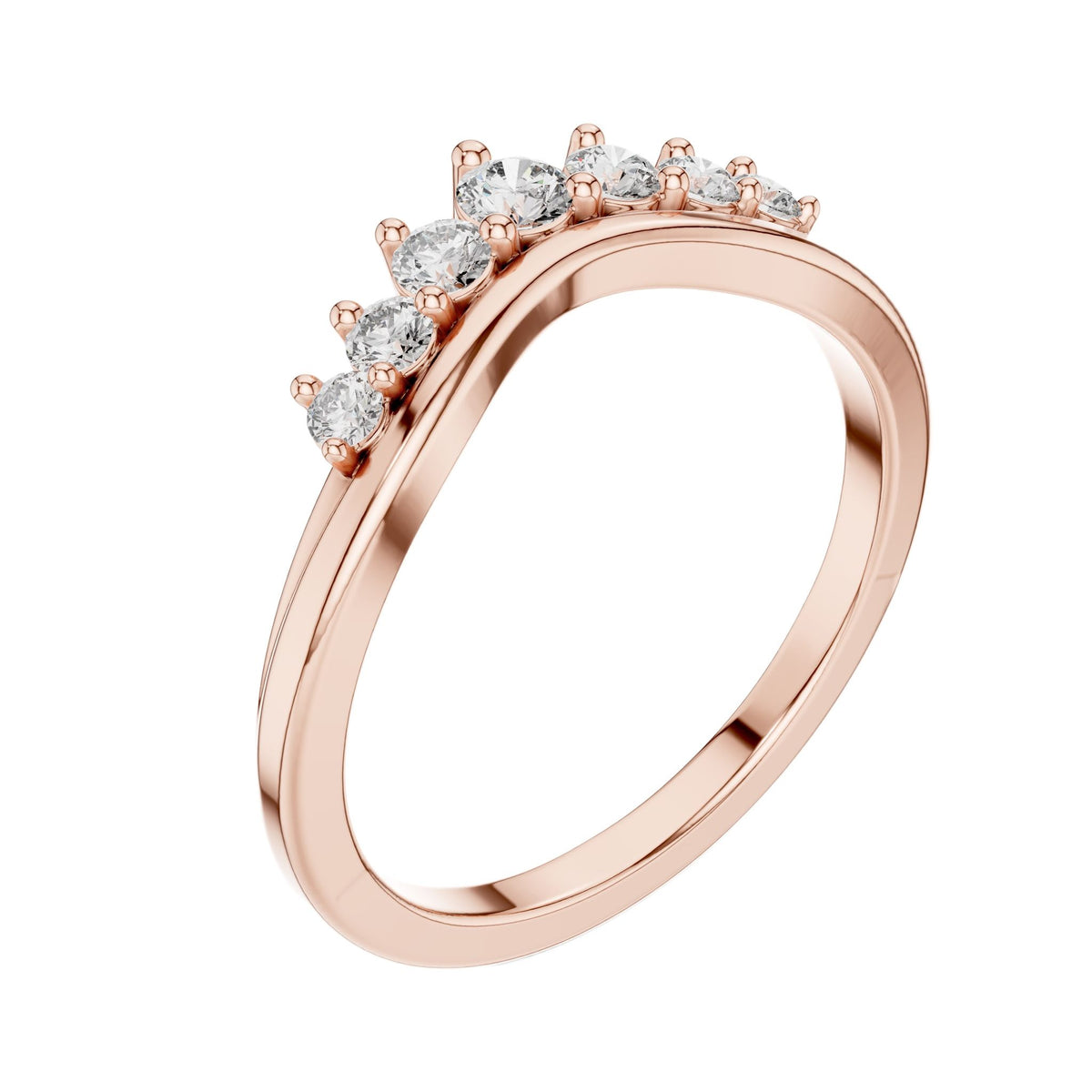 Rose gold curved round-diamond wedding band, side view with clustered prongs