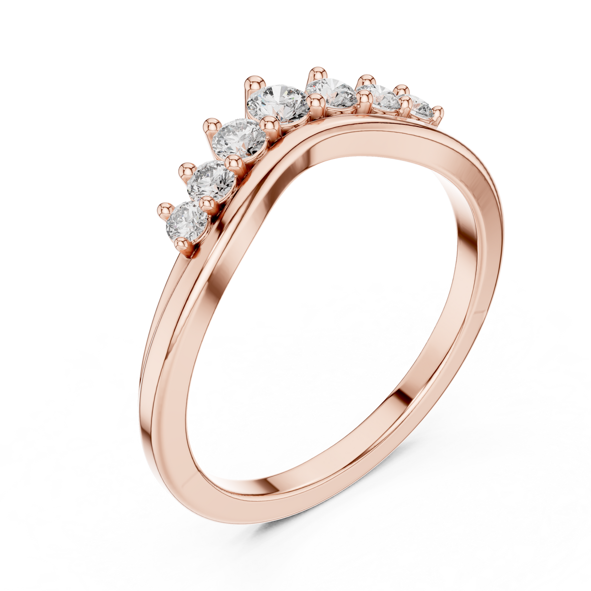 Rose gold curved round-diamond wedding band, side view with clustered prongs