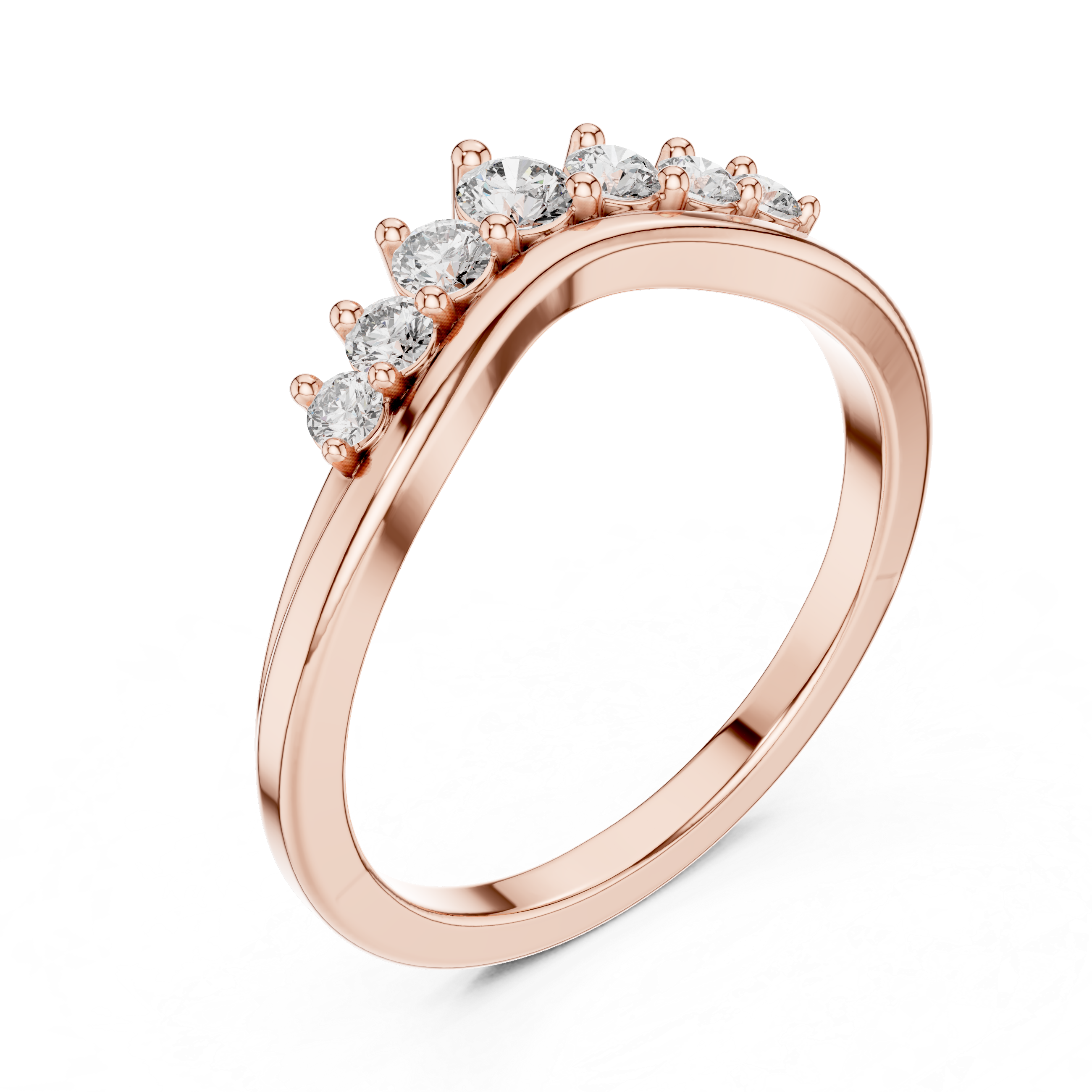 Rose gold curved round-diamond wedding band, side view with clustered prongs