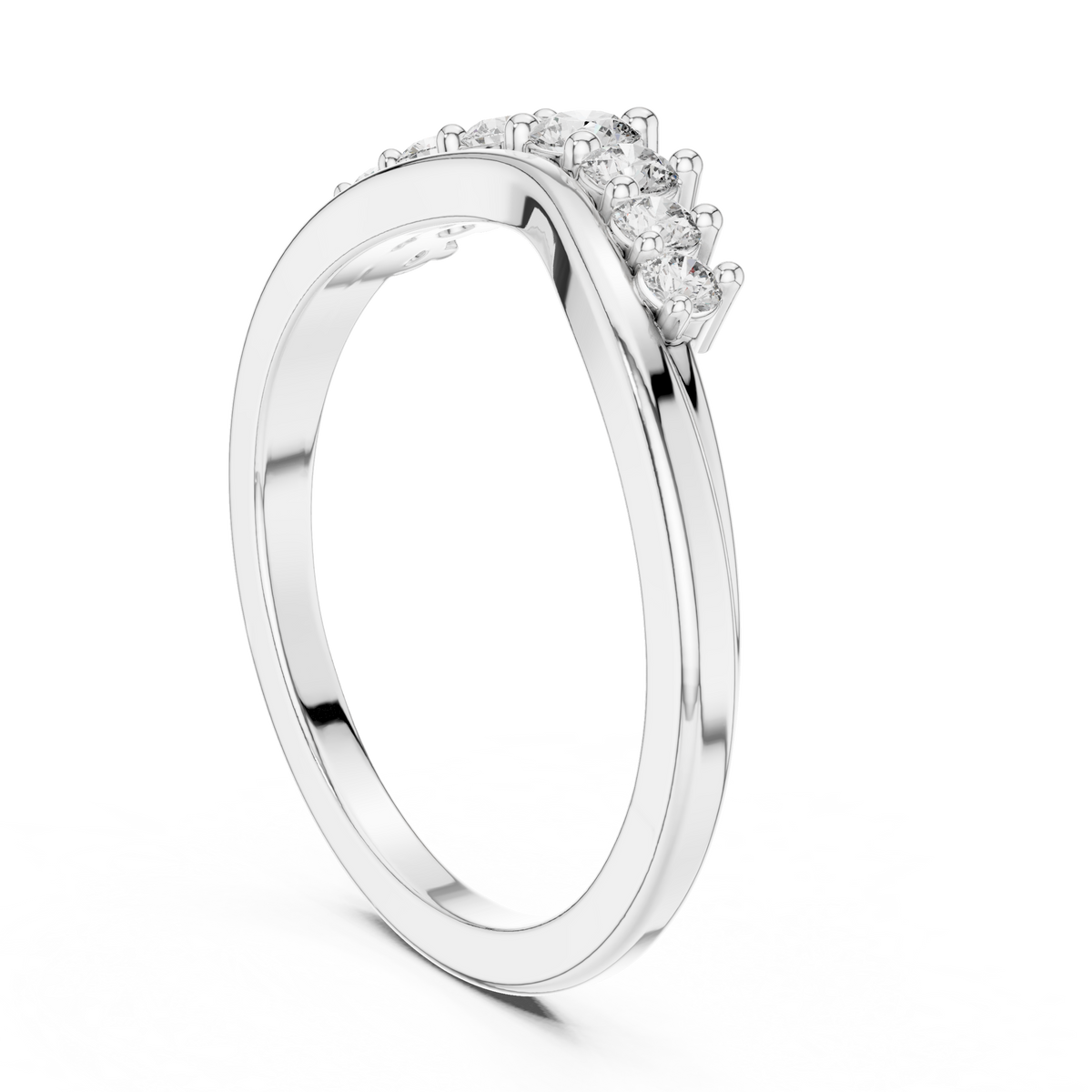 Curved diamond tiara band in platinum with round diamonds in raised prongs