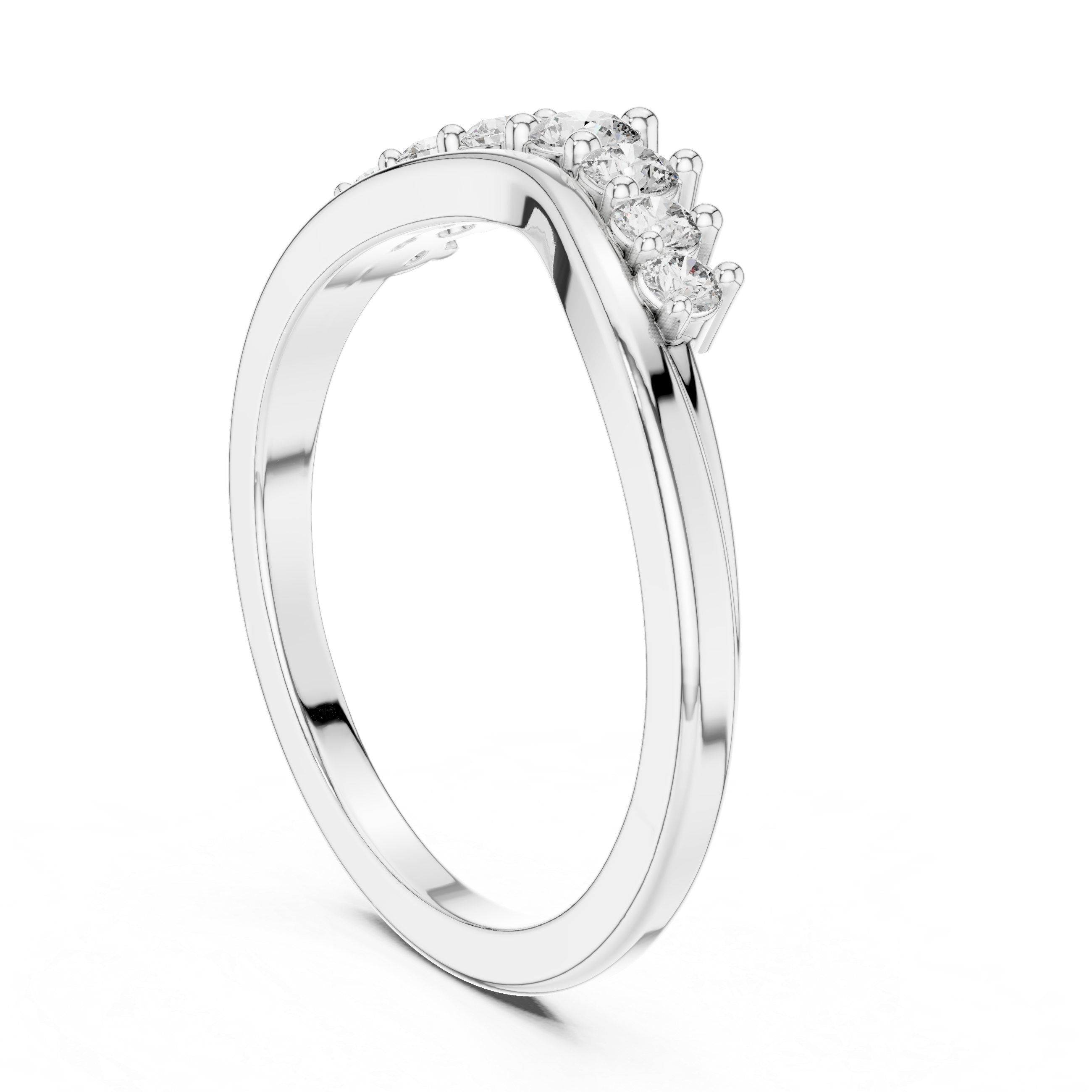 White gold curved round-diamond wedding band, side view with stacked prong settings
