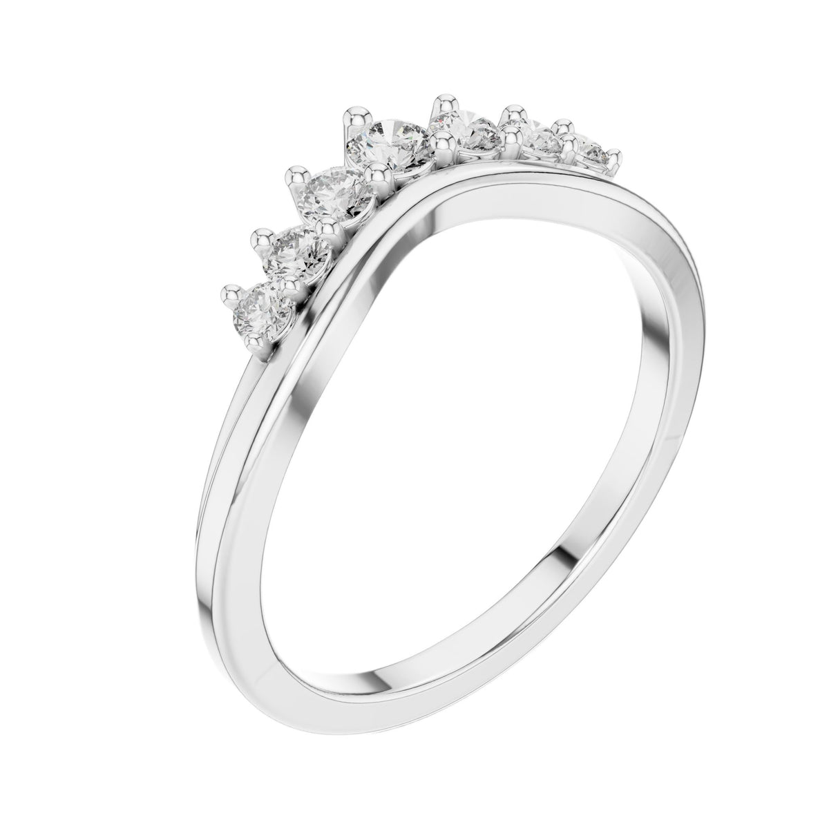 Curved diamond tiara band in platinum with round diamonds along the top edge