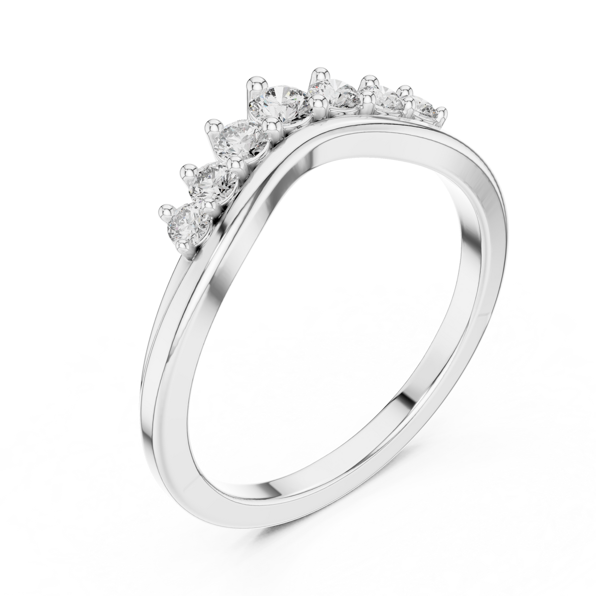 Curved diamond tiara band in platinum with round diamonds along the top edge