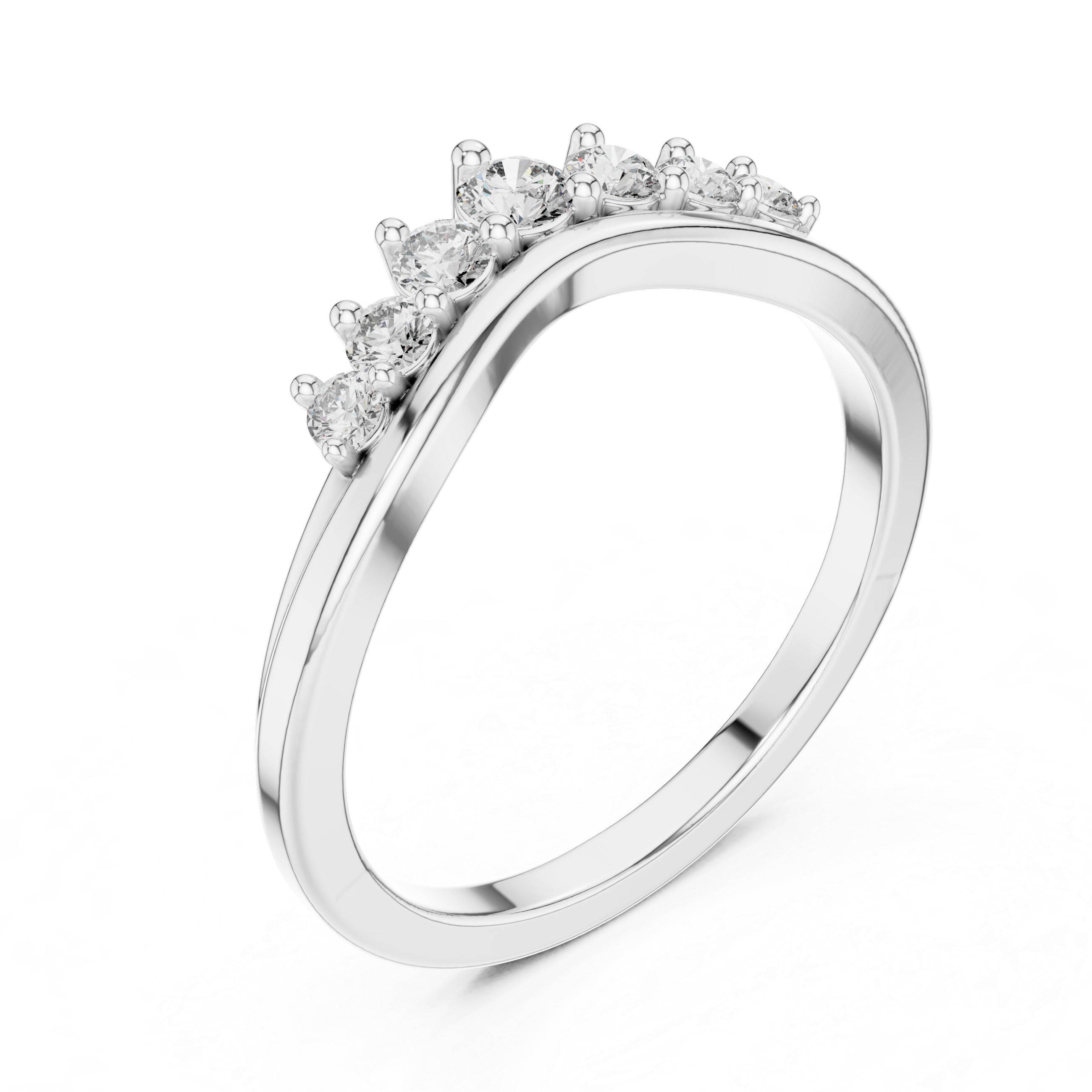 White gold round-diamond curved wedding band, top view with clustered prong-set stones