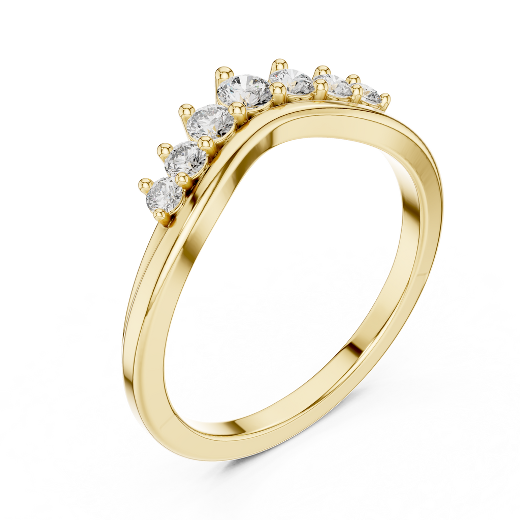 Yellow gold curved diamond wedding band with round stones in a curved row