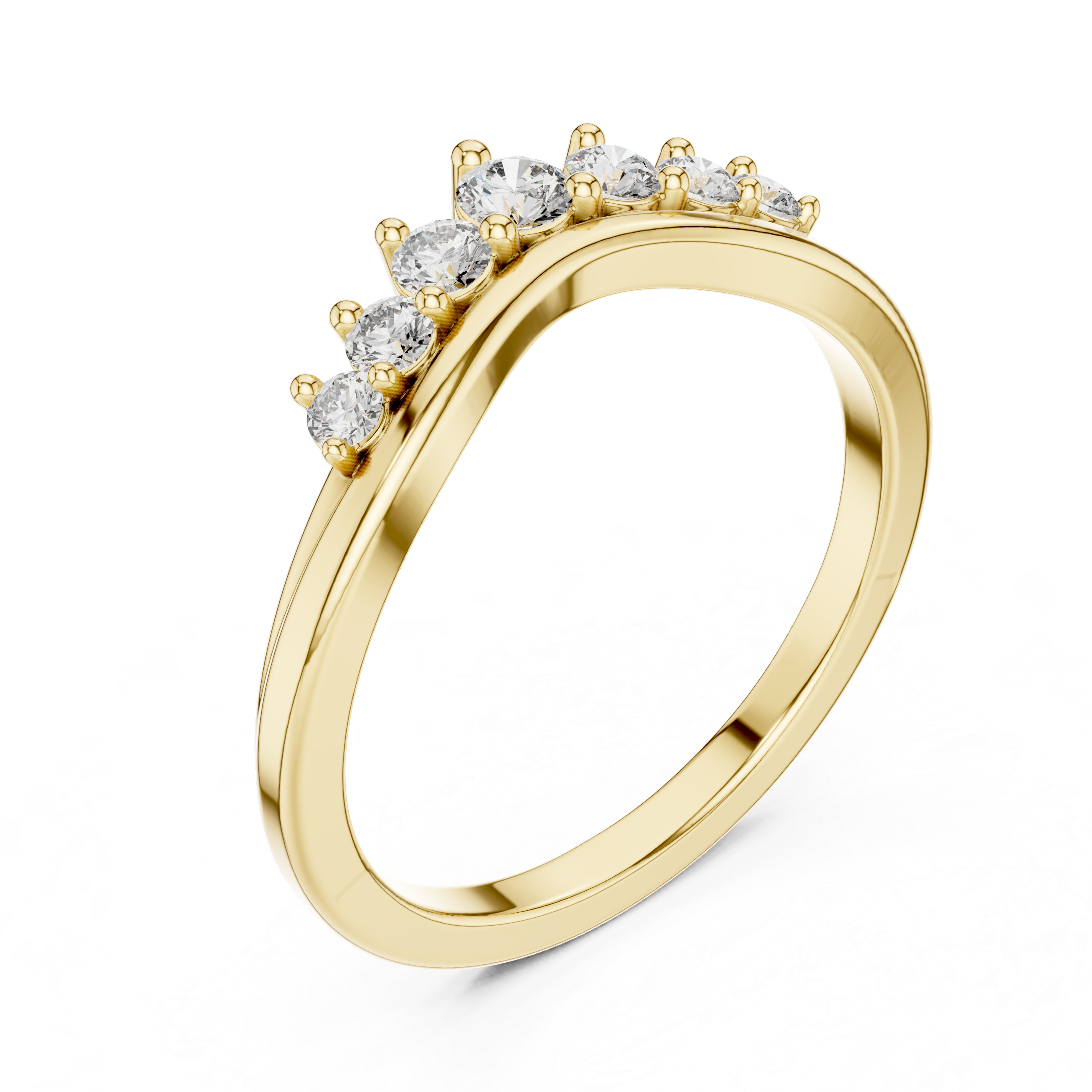 Yellow gold curved diamond wedding band with round stones in a curved row