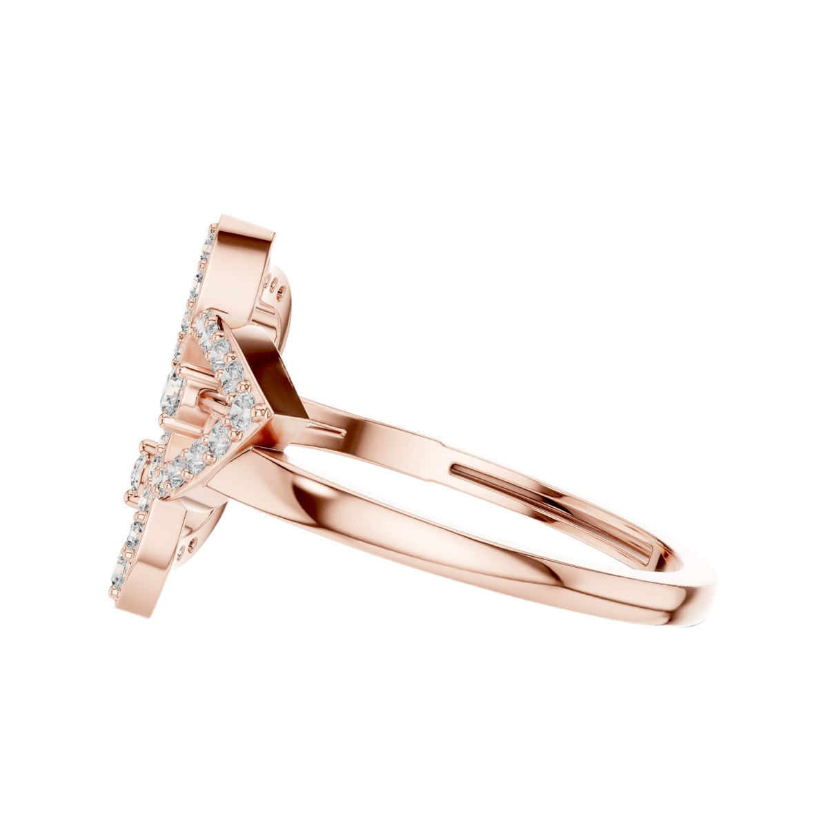 Rose gold diamond statement ring with round halo floral design, prong-set stones