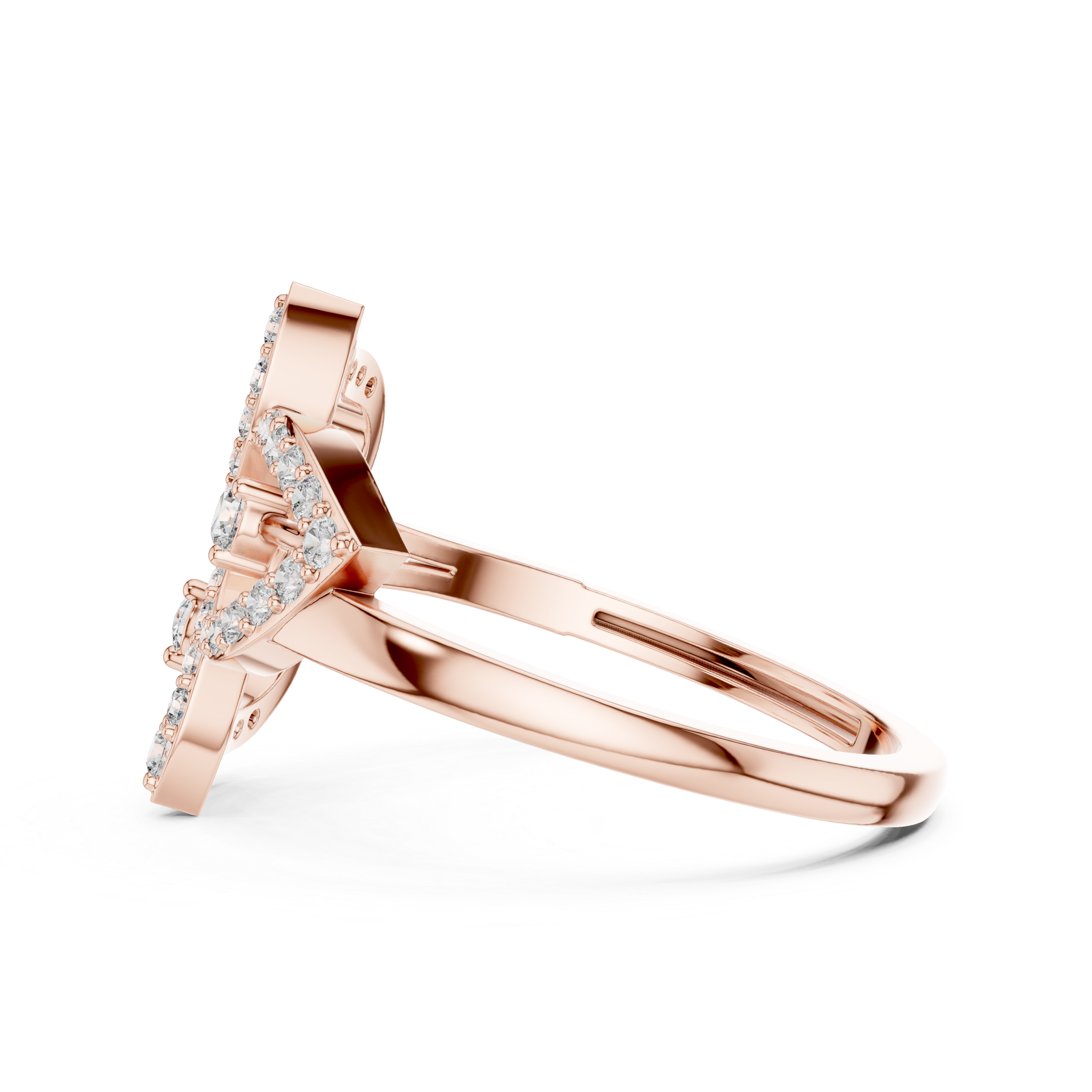 Rose gold diamond statement ring with round halo floral design, prong-set stones