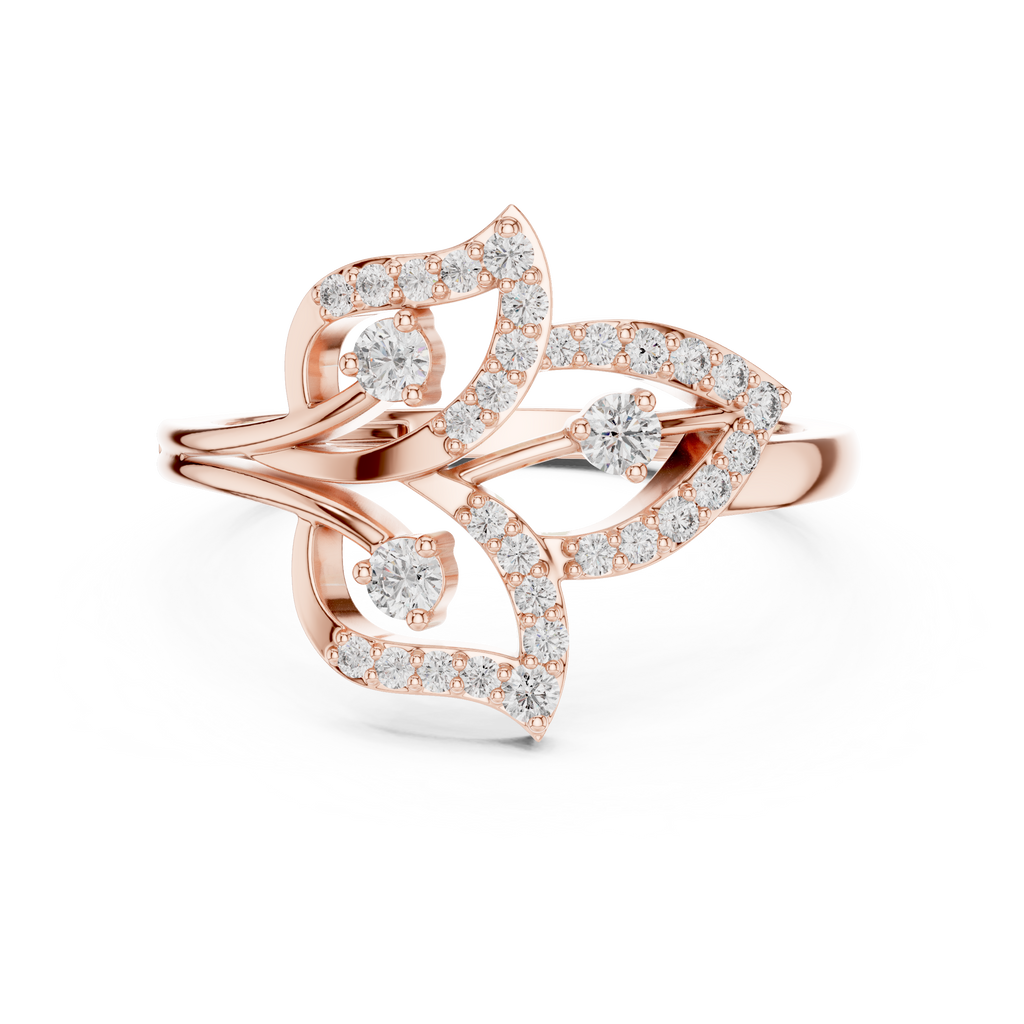 Rose gold diamond statement ring with oval floral halo, prong-set round diamonds