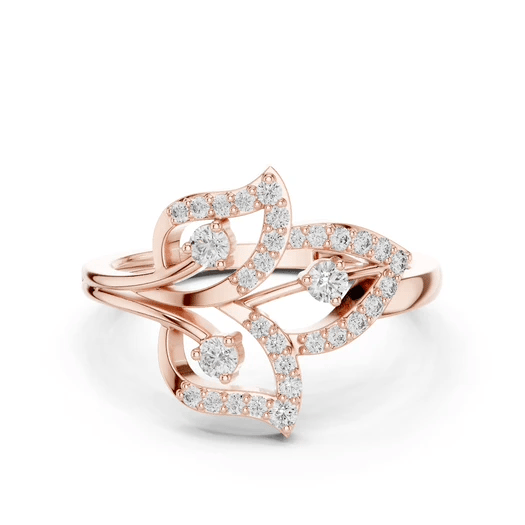Rose gold fleur diamond ring with round center stone and pavé accents on band.