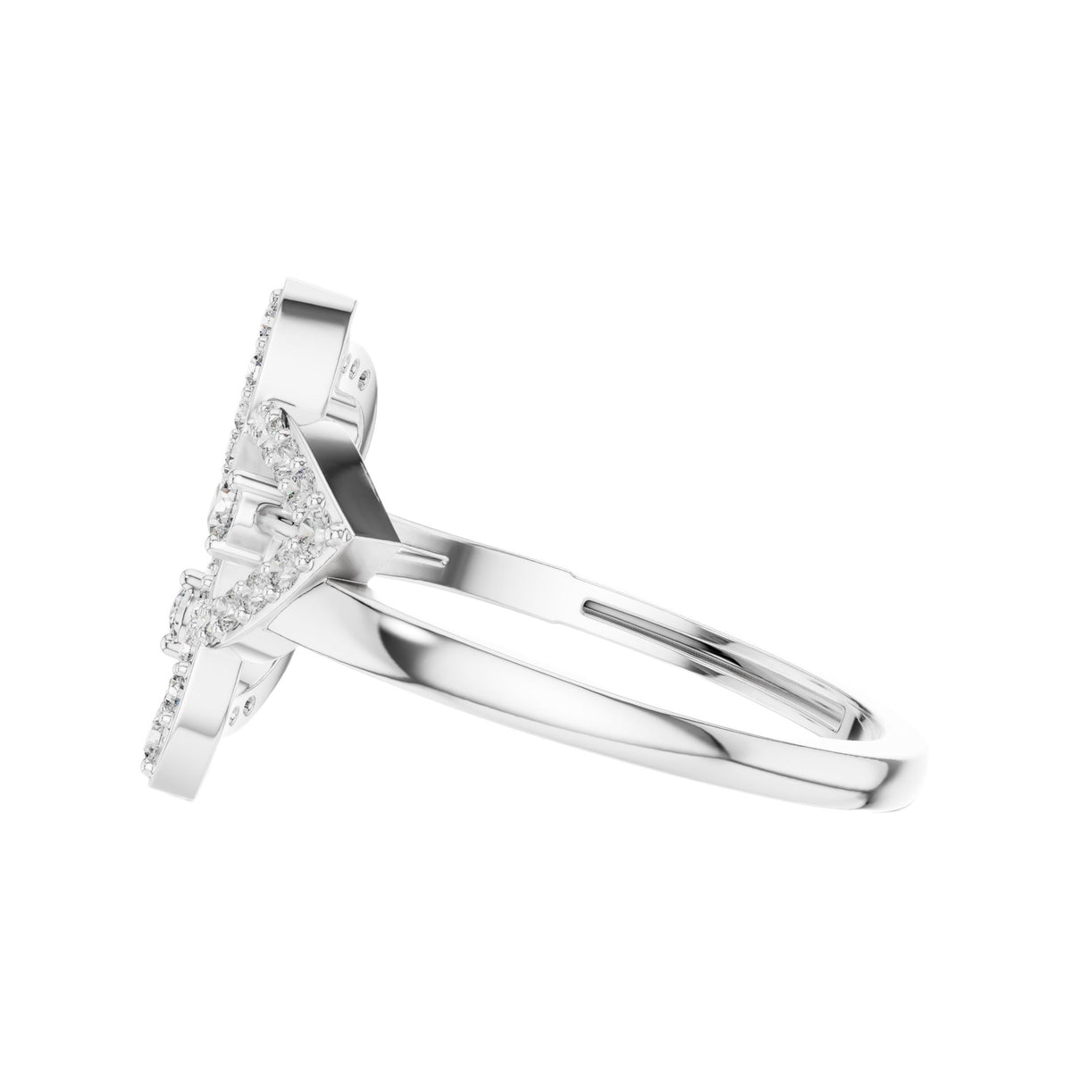 White gold diamond statement ring with round floral halo and prong-set diamonds