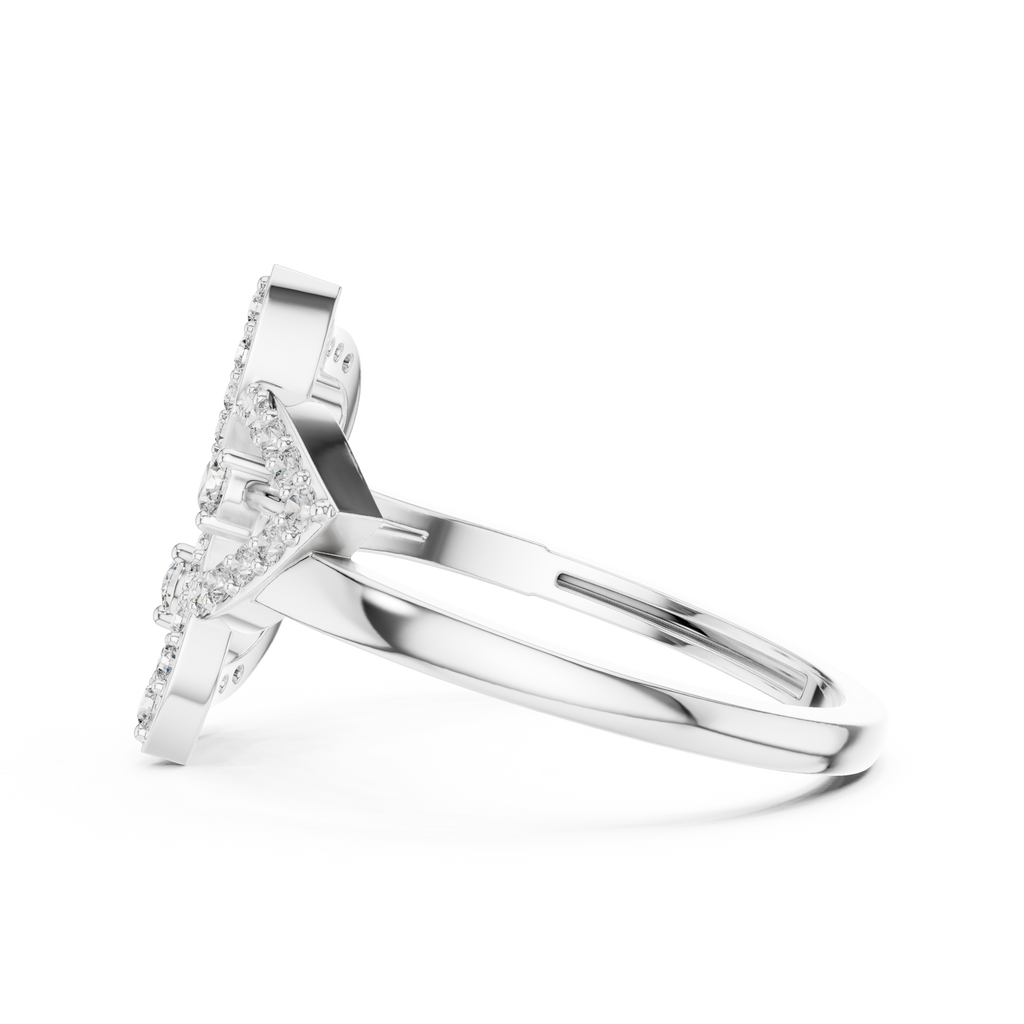 White gold diamond statement ring with round floral halo and prong-set diamonds