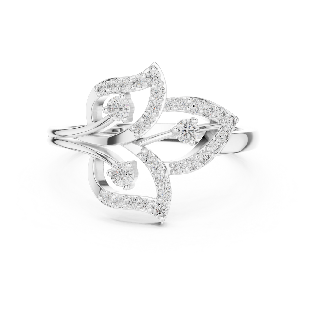 White gold diamond statement ring with circular floral centerpiece and prong-set stones