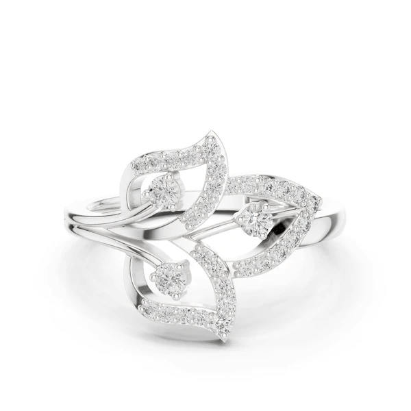 White gold fleur diamond ring with round center stone and pavé accents on band.