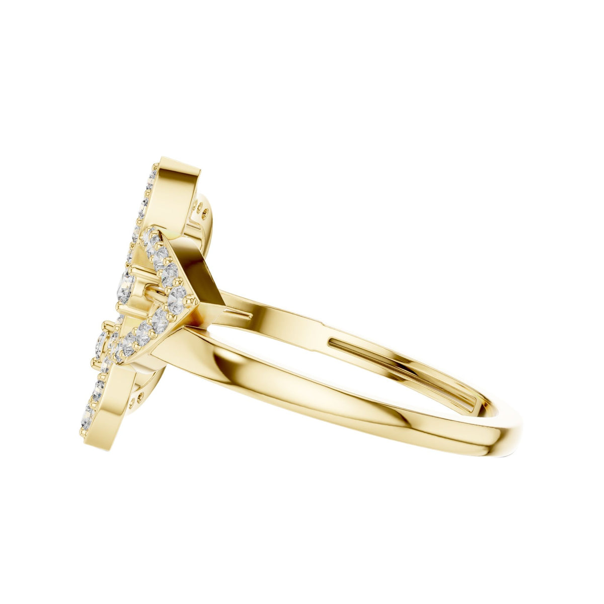 Yellow gold diamond statement ring with round floral halo and prong-set diamonds