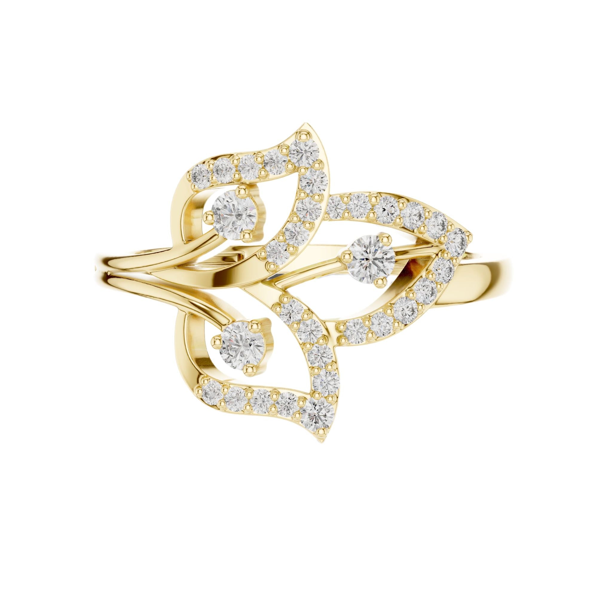 Yellow gold diamond statement ring with floral halo motif and round prong-set stones
