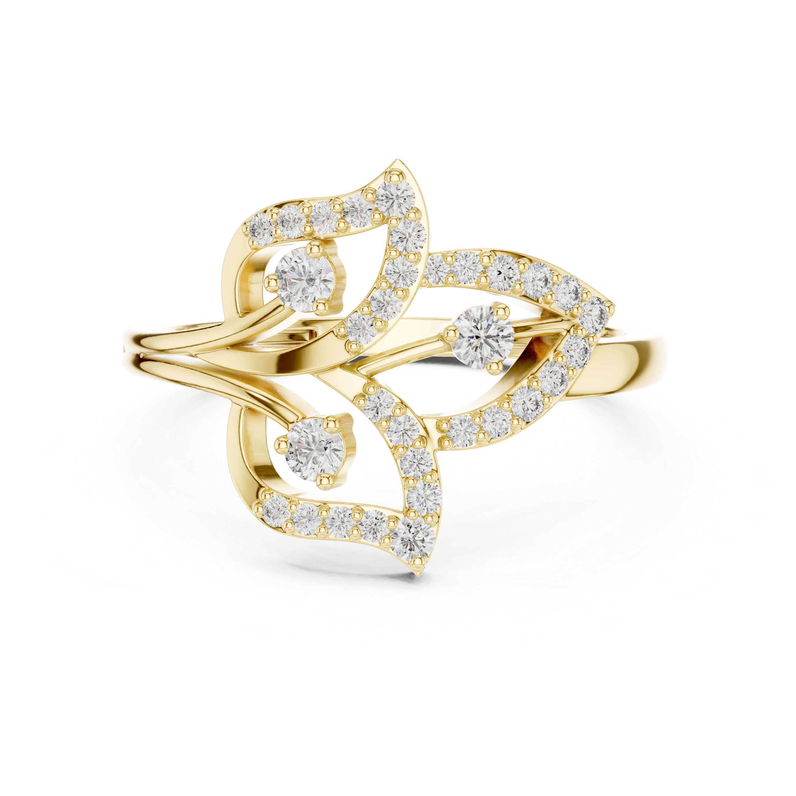 Yellow gold diamond statement ring with floral halo motif and round prong-set stones