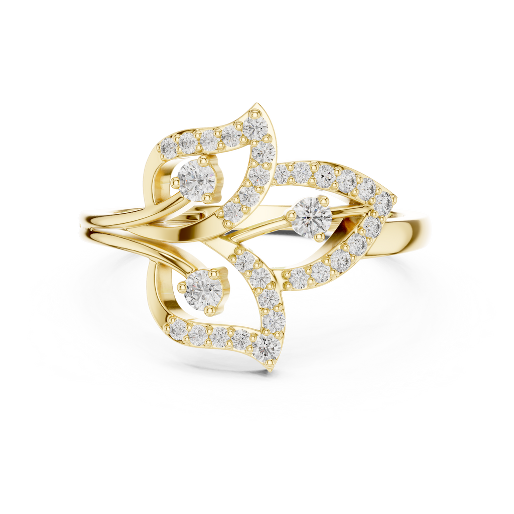 Yellow gold diamond statement ring with floral halo motif and round prong-set stones
