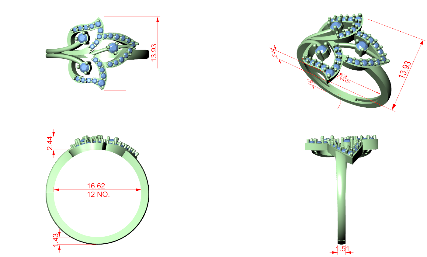 Green diamond ring CAD view with measurement lines and angles on the band