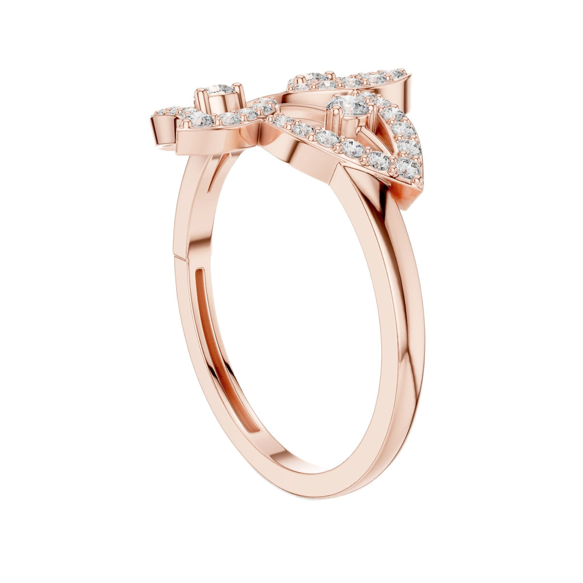 Rose gold diamond statement ring with round center stone and halo, prong-set accents