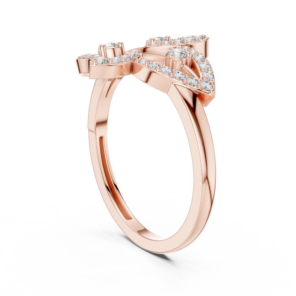 Rose gold diamond statement ring with round center stone and halo, prong-set accents