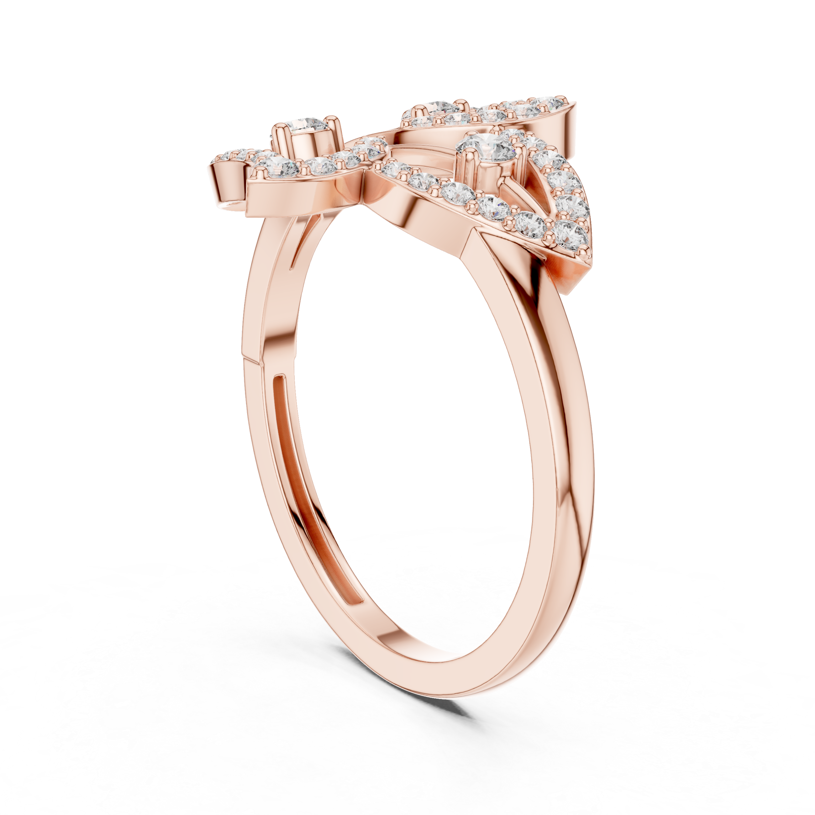 Rose gold diamond statement ring with round center stone and halo, prong-set accents