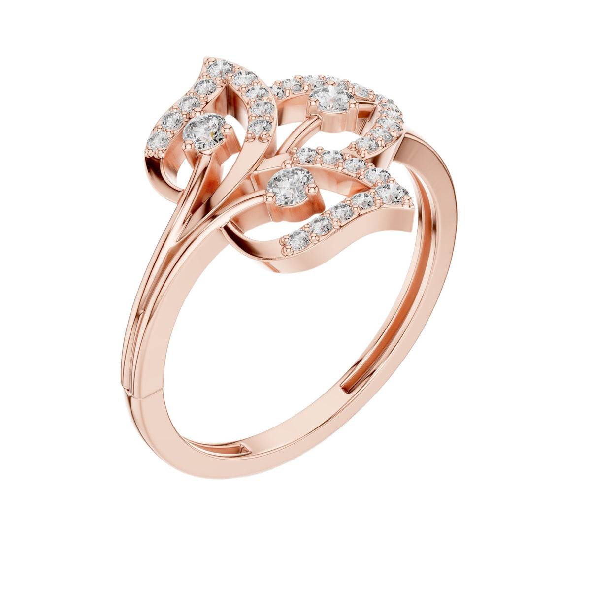 Rose gold diamond statement ring with round stones and floral lattice setting, side view