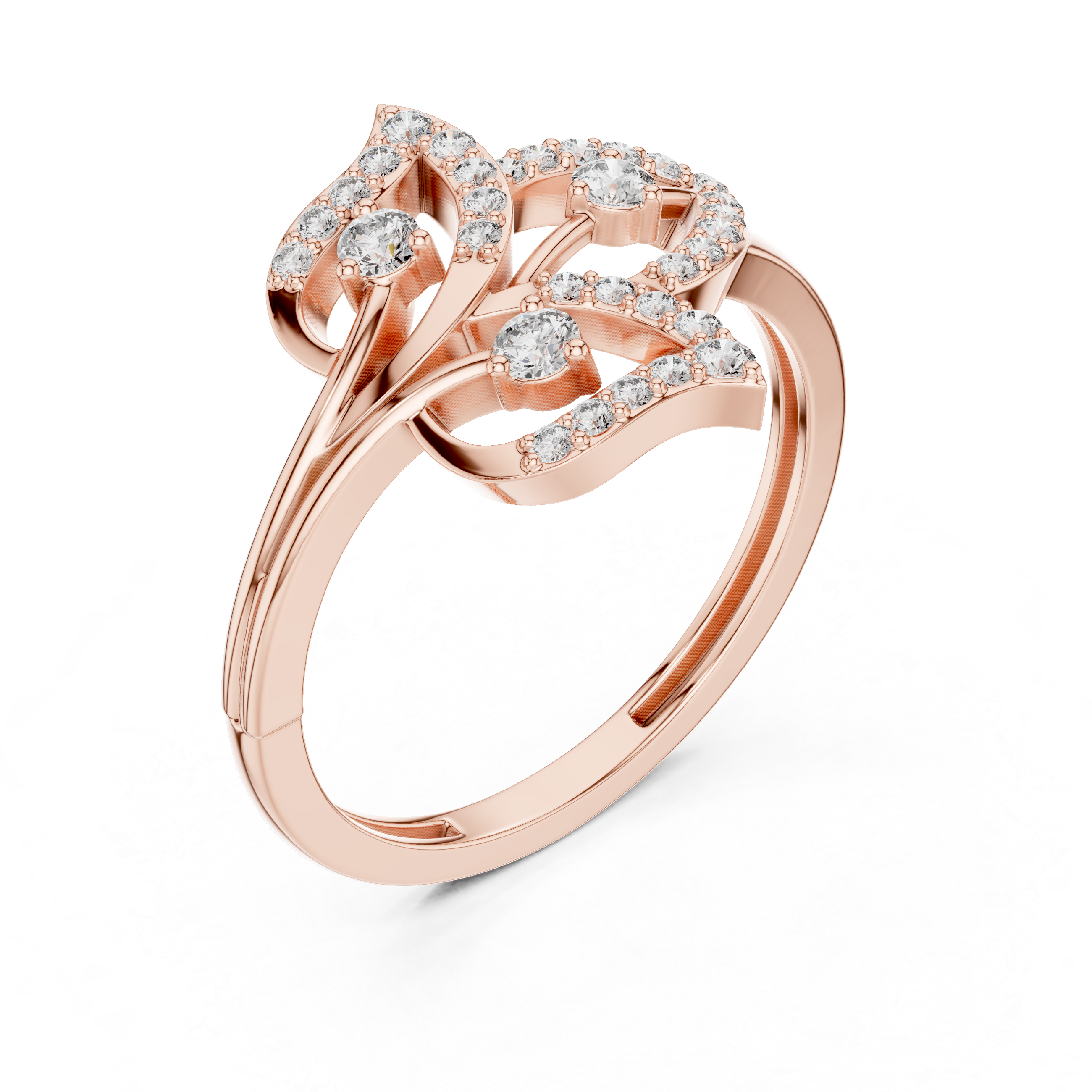 Rose gold diamond statement ring with round stones and floral lattice setting, side view