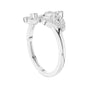 White gold fleur diamond ring with round stones, curved trellis band.