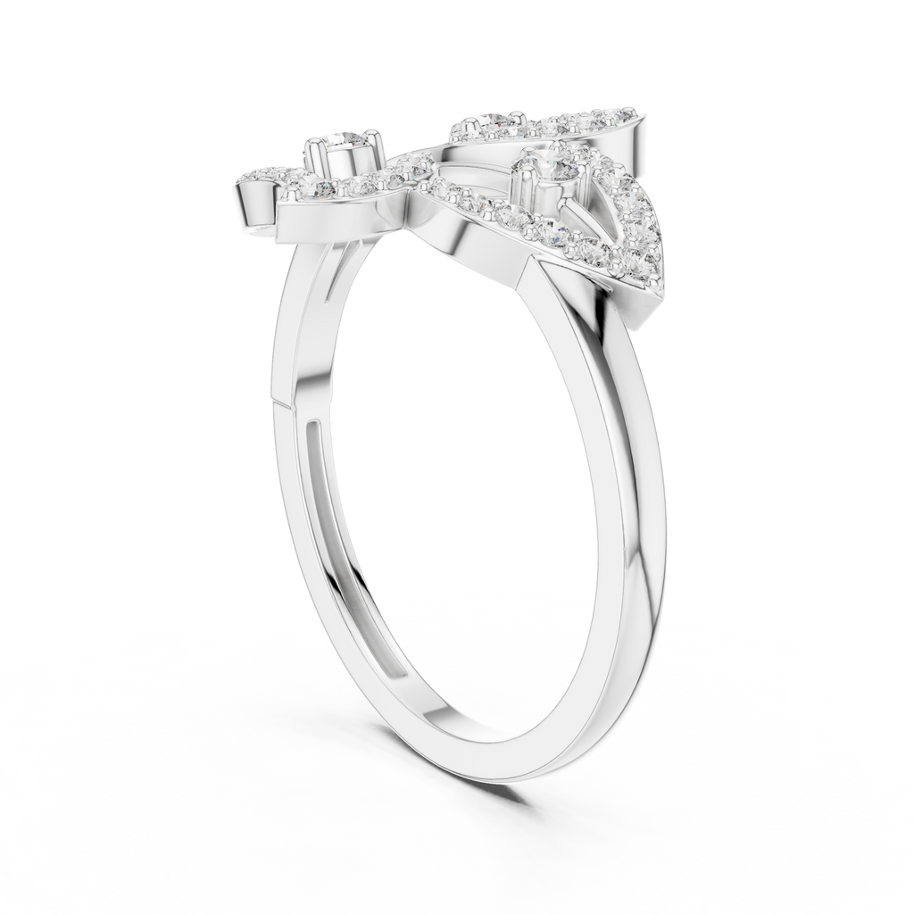 White gold diamond statement ring with round stones, curved band and openwork design