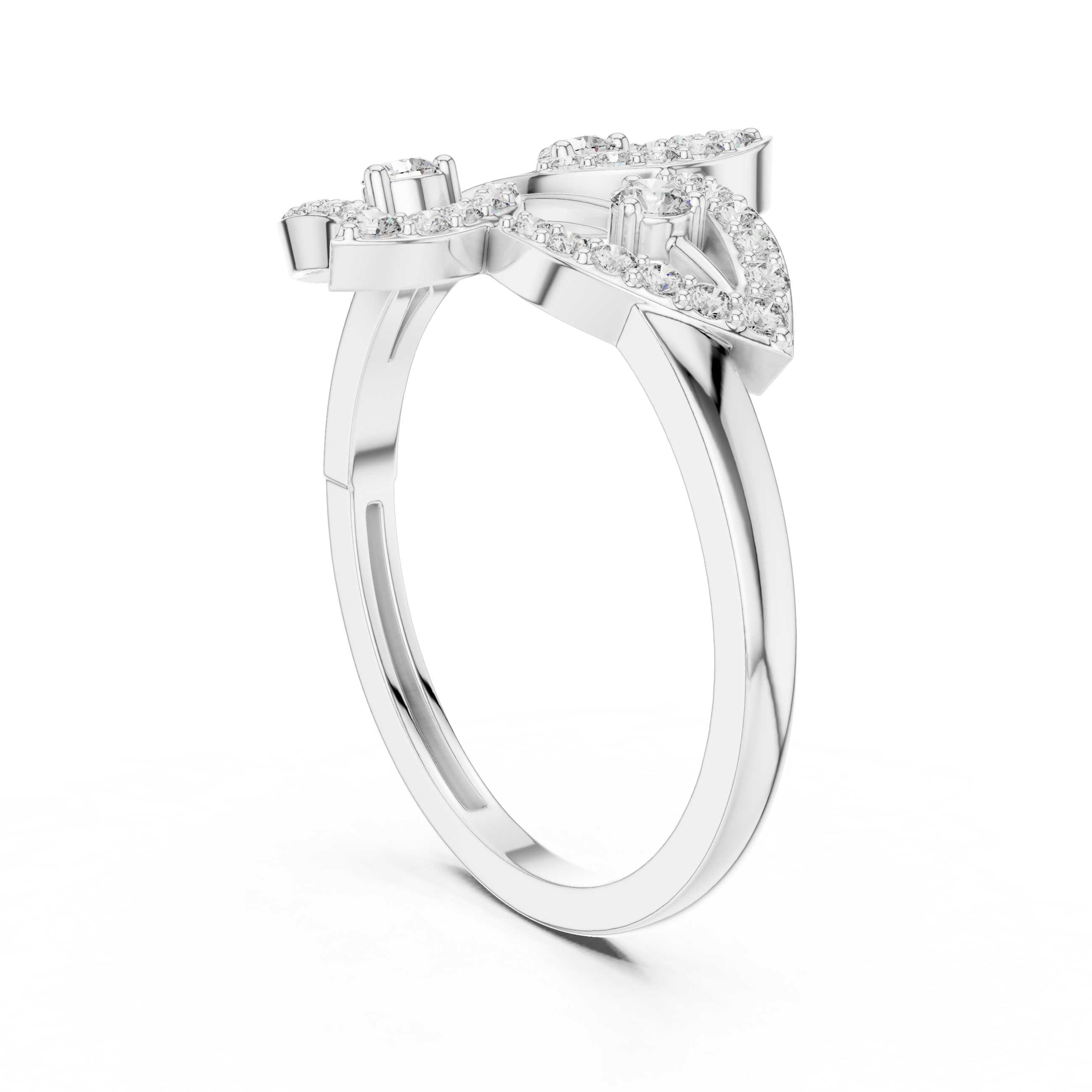 White gold diamond statement ring with round stones, curved band and openwork design