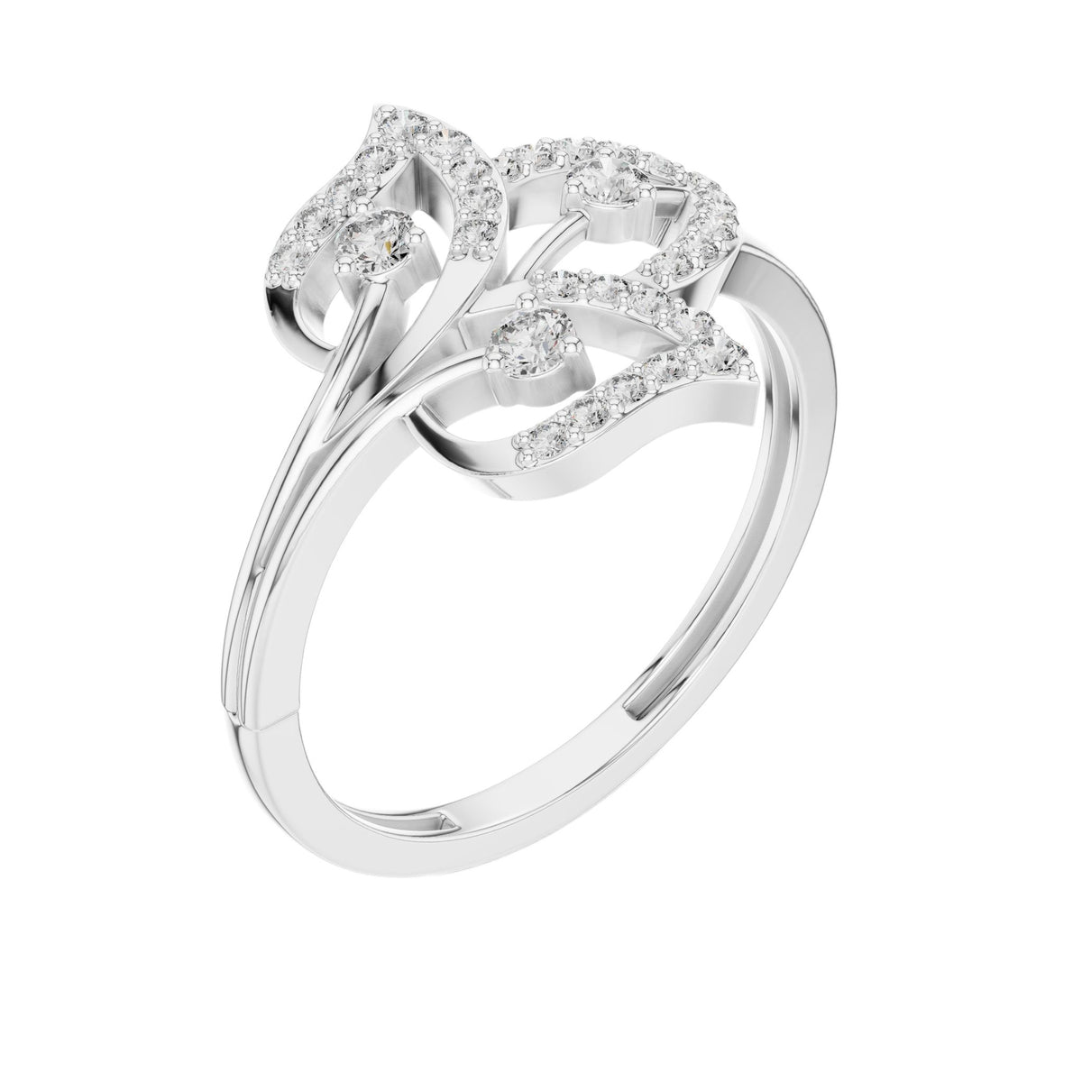 White gold fleur diamond ring with openwork lattice and round pavé diamonds.