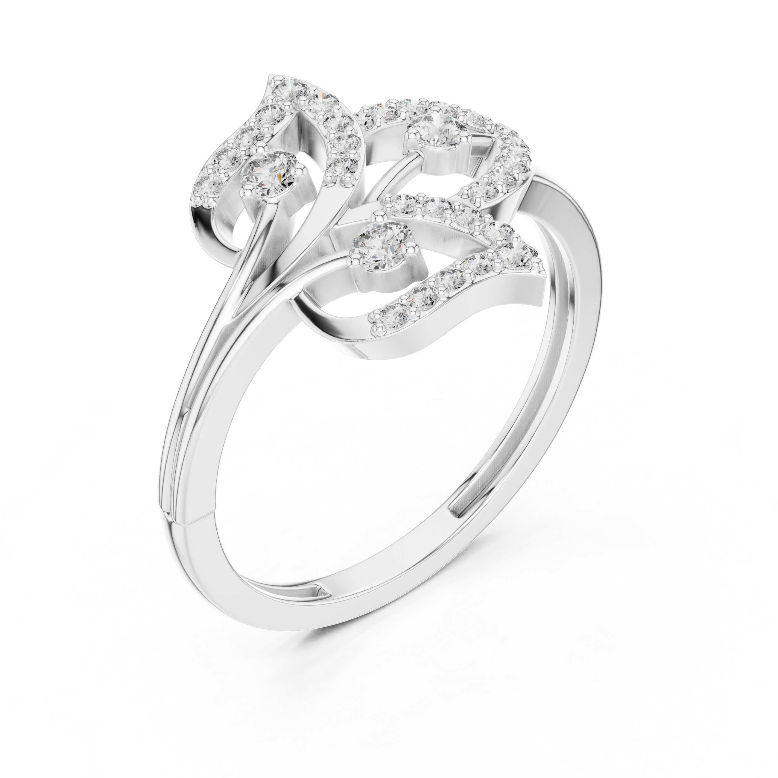 White gold diamond statement ring, angled view of round pave stones on bezel settings