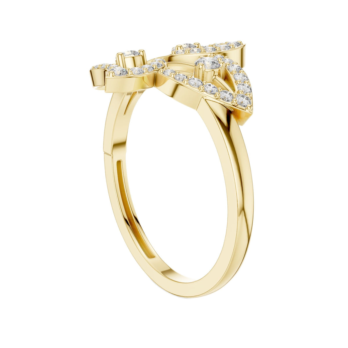 Yellow gold fleur diamond ring with round stones, curved trellis setting.