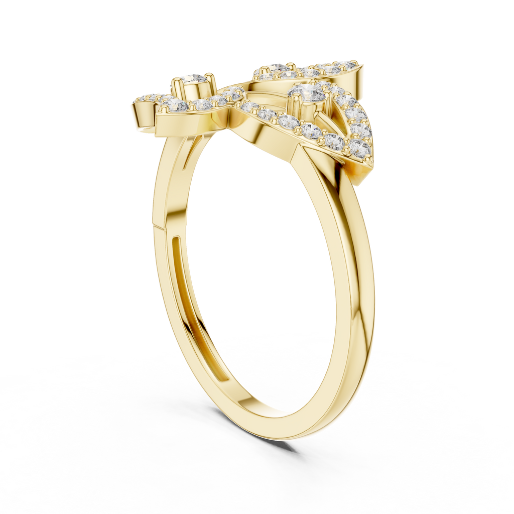 Yellow gold diamond statement ring with round stones, curved shank and openwork top