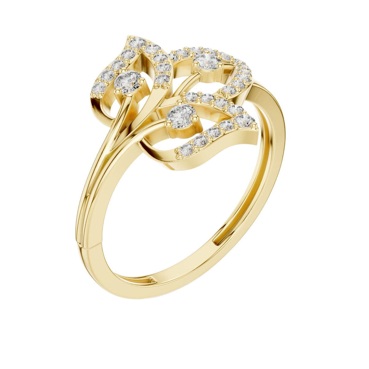 Yellow gold fleur diamond ring with openwork lattice and round pavé diamonds.