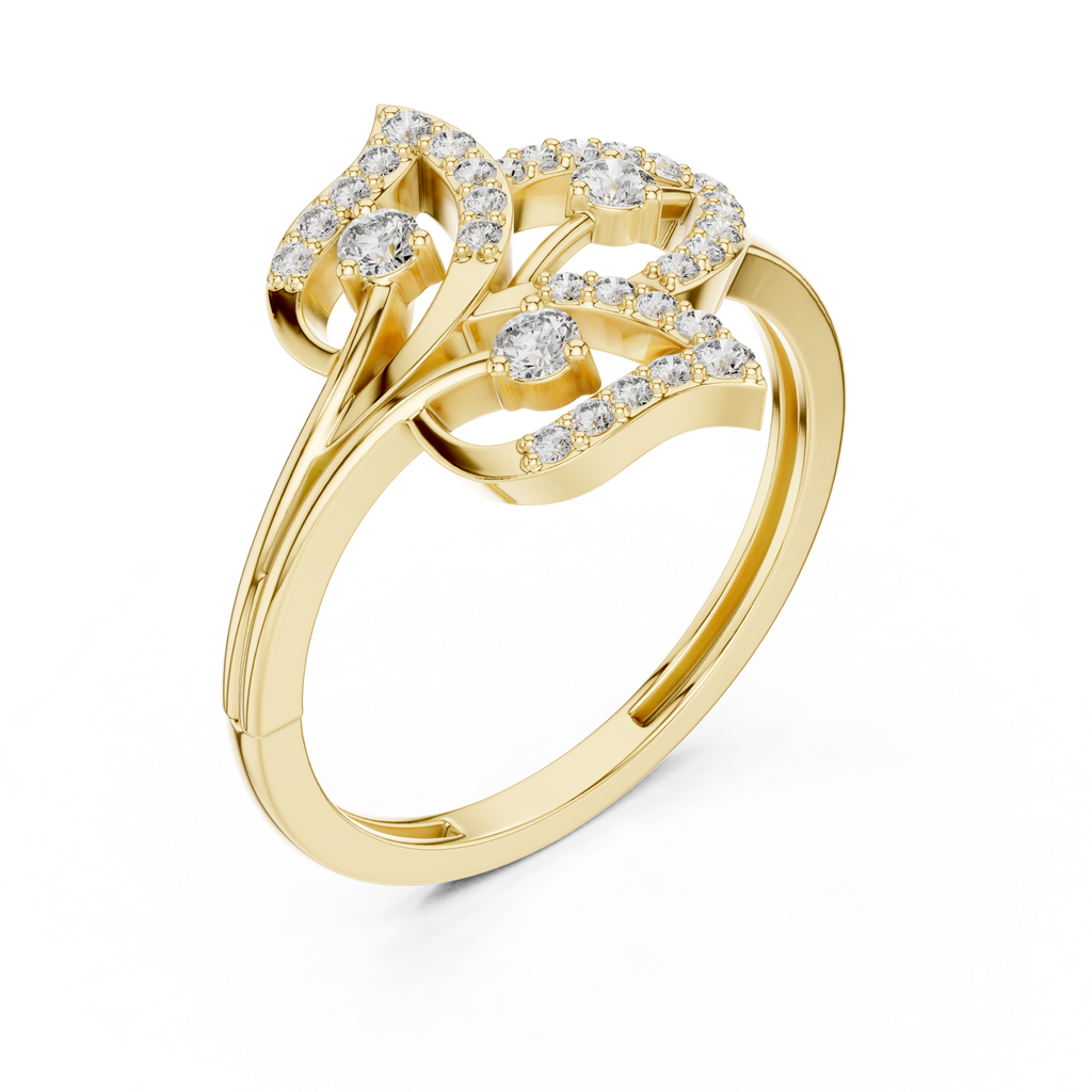Yellow gold diamond statement ring, close angled view of round stones in scalloped bezels